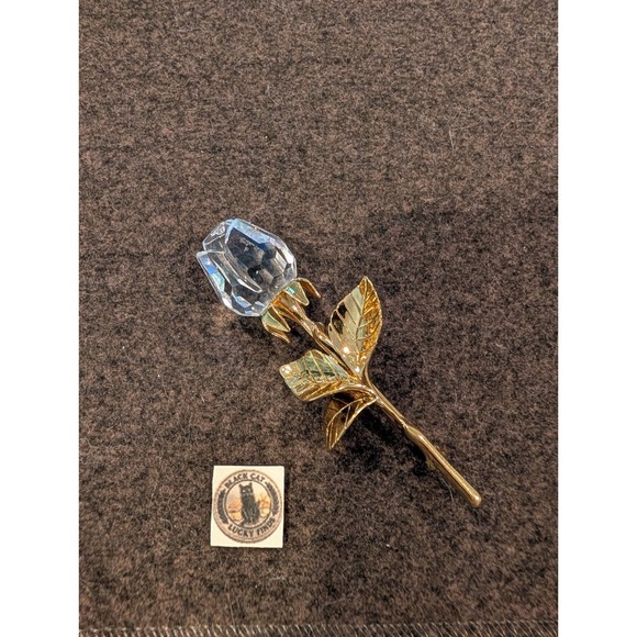 Swarovski Jewelry - Swarovski Crystal Rose Brooch Gold Tone Stem Clear Faceted Flower Pin Swan Logo